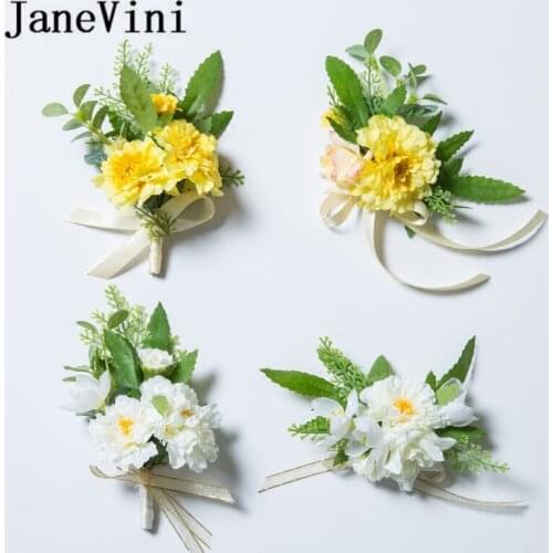 JaneVini Wedding Yellow Boutonniere Homme Mariage Wrist Corsage Bracelet Bridesmaid Men Corsages White Silk Flowers Spille Sposo