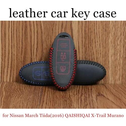 Only Red fit for Nissan March Tiida(2016) QAISHIQAI XTrail Murano car key case leather hand sewing car key cover great quality