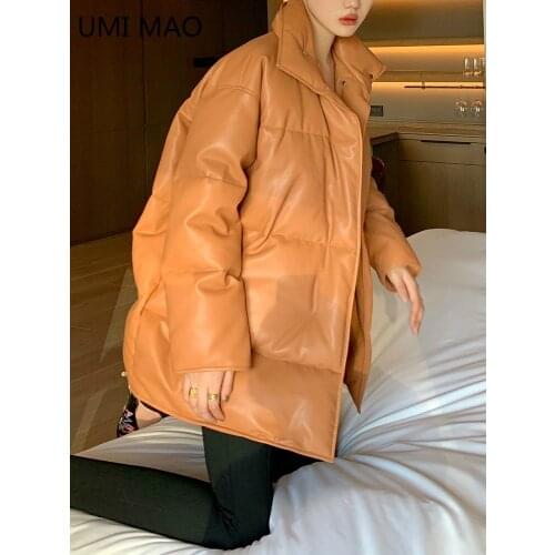 UMI MAO Windproof Cold Resistant Loose Bread Jacket PU Leather Fashion Temperament Warm White Duck Down Short Down Jacket Women