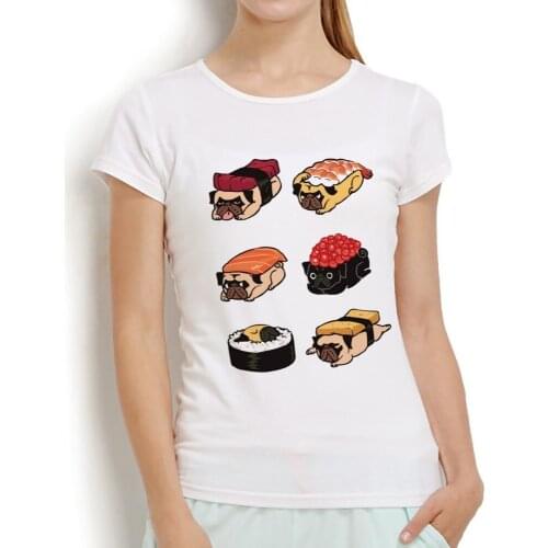 Kawaii pug sushi funny t shirt women 2018 summer new white casual short sleeve cute tshirt femme