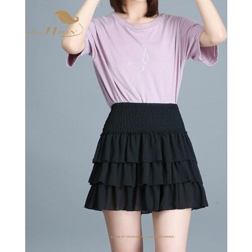 SISHION Women Floral A Line Short Cake Skirt VD1754 Elastic High Waist Floral Chiffon Black White Summer Skirts