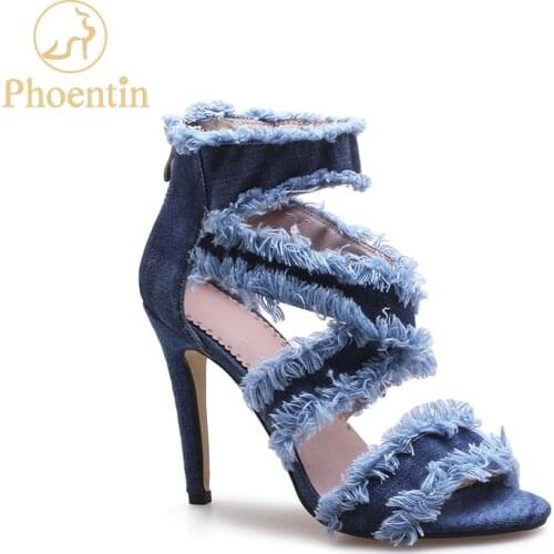 Phoentin Denim boots women ankle wrap shoes woman summer booties 2019 peep toe thin high heels cross-tied design plus size FT694