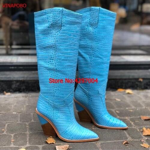 Pink Snake Print Height Increased Women Boots 2018 Pointed Toe Knee-high Boots chunky Heel Riding Boots Winter 2019 Runway shoes