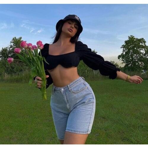 Women Sexy Retro Square Neck Exposed Navel Short Lantern Long Sleeve Solid Color Sexy Wrap Bra Bandeau Elegant Fashion T-Shirts