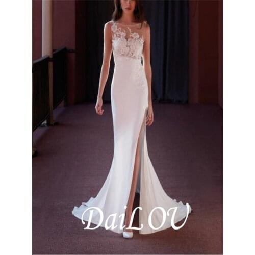 DAILOU Simple Ivory Soft Satin A Line Wedding Party Dresses Sleeveless High Side Slit Women Formal Gowns Outfit 2021