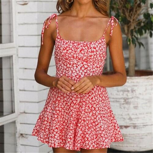 Summer Womnen Boho Dress Sexy Floral Sleeveless Dress Casual Ladies Party Dresses Beach Holiday Sundress Ladies Ruffle Dresses