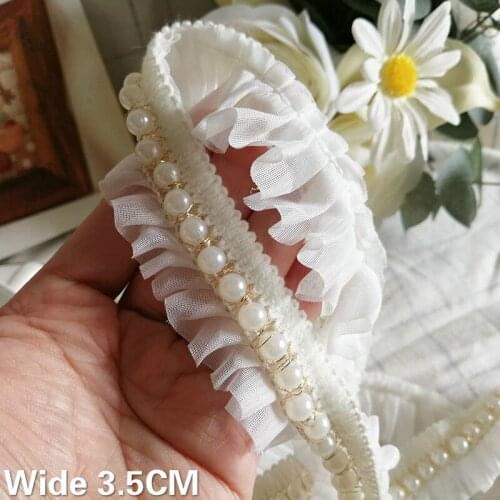 3.5CM Wide White Chiffon 3D Pleated Embroidered Ribbon Collar Neckline Glitter Beaded Trim Wedding Dress Sewing Appliques Decor
