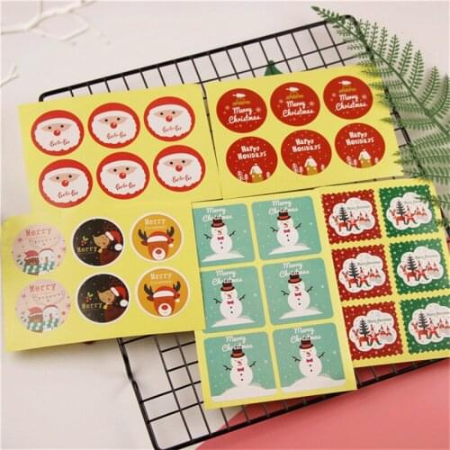 60pcs 6 Designs Round Square Cute Santa Snowman Elk Merry Christmas Sticker Packaging Sealing For Christmas Gift