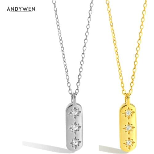 ANDYWEN 925 Sterling Silver Gold Square Pendant Three Zircon Necklace Long Chain Choker Luxury Jewelry Fashionable Jewels