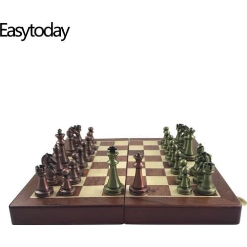 Easytoday International Chess Wooden Games Set Metal Chess Pieces Solid Wood Chess Board Entertainment Table Game Gift