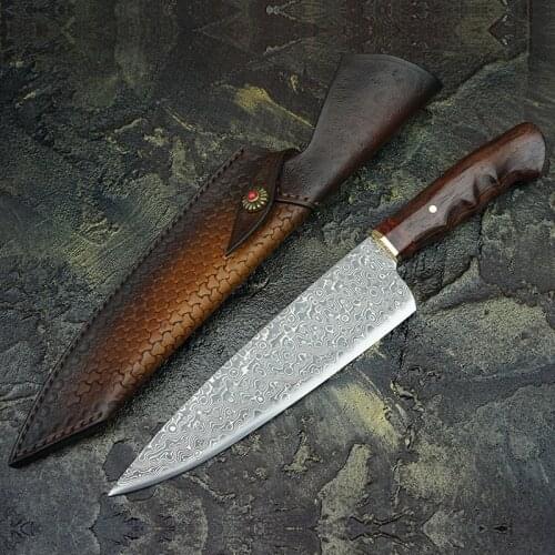 FZIZUO 7.5"Damascus Steel Chefs Knives Indian Rosewood Handle Gyotou Knife Cleaver Handmade Kitchen Knife With Leather Sheath