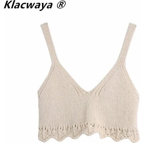 Klacwaya Women 2021 Sweet Fashion Hollow Out Cropped Knitted Tank Tops Vintage V Neck Wide Straps Female Camis Mujer