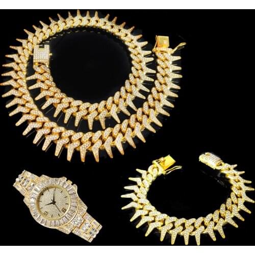 25MM 3pcs Kit Hip Hop Heavy Iced Out Cuban Thorns Link Full AAA Crystal Pave Rapper Necklace +Watch+Bracelet for Men Jewelry