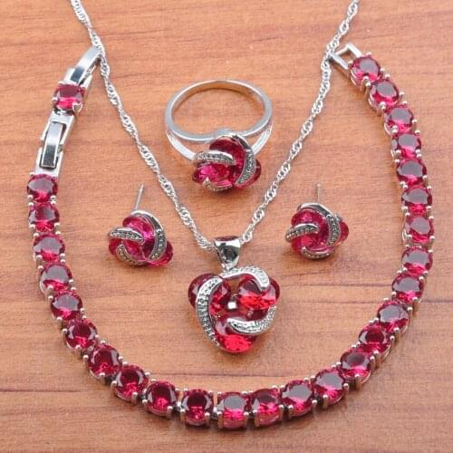 Silver Color Jewelry Set Rose Red Cubic Zirconia For Women Best Gift Bracelet Earrings Necklace Pendant Rings Set JS0172
