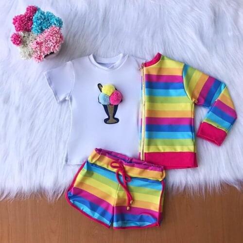 1-6Yrs Summer Toddler Kids Baby Girls Clothes Short Sleeve 3D Ice Cream T-Shirts Rainbow Striped Shorts Fashion Outfits Clothes