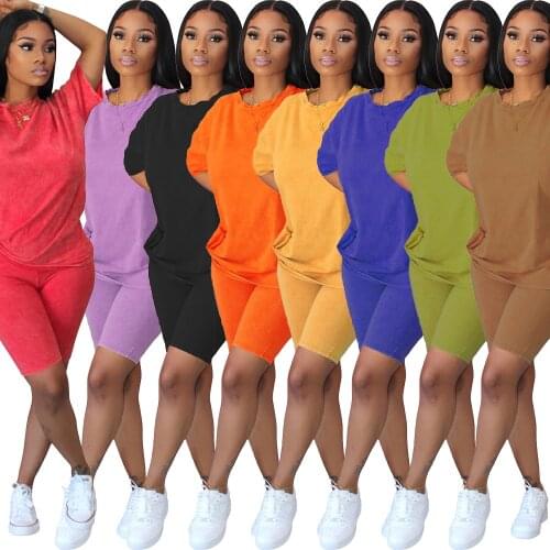 Summer Casual Women Solid Color T-Shirt Two Piece Shorts Set Loose Home Sports Jogging Biker Suit Outfits
