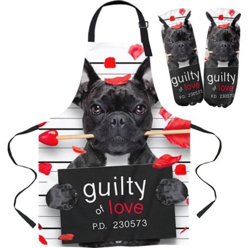 Animal Black Dog Cute Bulldog Apron Set Brief Adult Kitchen Baking Cooking Accessories Cuff Oven Mitts Bib Kids Aprons