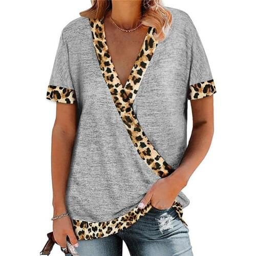Fashion Women T-Shirts Leopard Print Edge Temperamental Loose Fit Deep V Neck Tee tops t shirt for Women Female