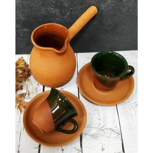 Tile Handmade 2 Person Soil Coffee Cup Set With Coffee Pot 5 Piece 2 Cups 2 Plates 1 Coffee Pot Produced Using Traditional Metho