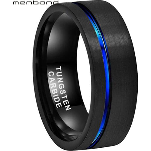 Men Women Tungsten Carbide Ring Black Blue Wedding Ring With Offset Groove And Brush Finish 8MM Comfort Fit