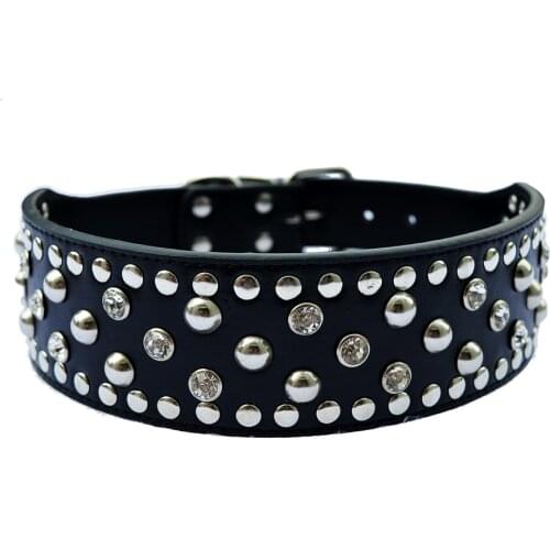 Crystal Studded Dog Collar Large Pets 2 Inch Wide Leather Collar For Pitbulls Pet Products Dog Health Supplies Black Pink Red