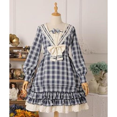 Lolita Dress Long Sleeve Plaid Sailor Bow and Ruffles Lolita One Piece Dress