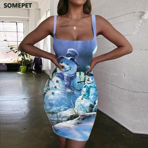 SOMEPET Christmas Dress Women Snowman Vestido Sexy Painting Bodycon Dress Trees Ladies Dresses Womens Clothing Summer Short