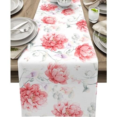 Pink Watercolor Flowers Retro Table Runner Luxury Wedding Decoration Table Cover Christmas Decoration Tablecloth
