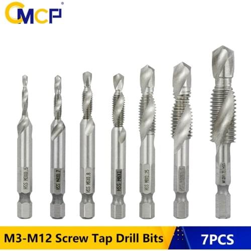 CMCP 7pcs M3-M12 Screw Tap Drill Bits HSS4341 Taps Woodworking Metric Combination Bit 1/4 Hex Shank Thread Taps