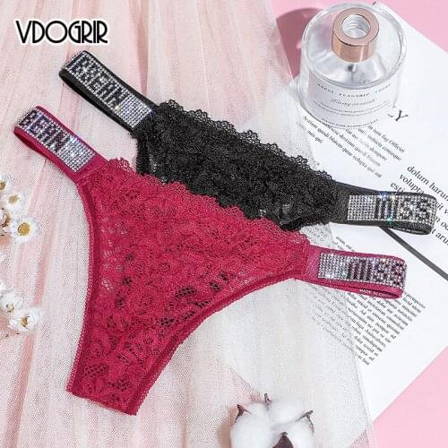 VDOGRIR Sexy Womens Panties Crystal Rhinestone Underwear Seamless Hollow Out Thongs Low Waist Lady Lace G-String Lingerie Tanga
