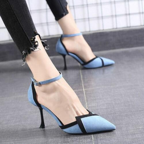 Luxury Shoes Woman 2020 Autumn Thin High Heels Pumps Female Ankle-strap Sexy Heels Shoes Ladies Flock Point Toe Women Stiletto