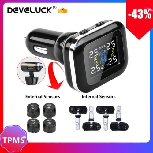 Develuck Smart Car TPMS Upgraded Cigarette Lighter Digital LCD Display Angle Adjustable Car Tire Pressure Alarm System with USB