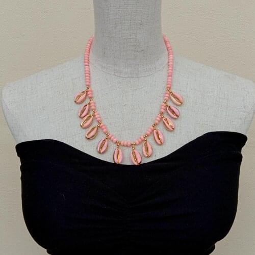 YYGEM natural Pink Coral Rondelle Enamel Pink Sea Shell Necklace Fashion Jewelry 19" cute style for women