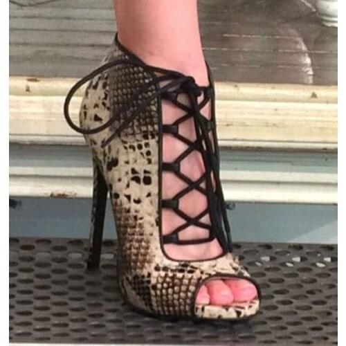 Lace-up peep toe snakeskin stiletto heel women ankle boots fashion cutouts high heel booties party dress shoes woman size 34 to