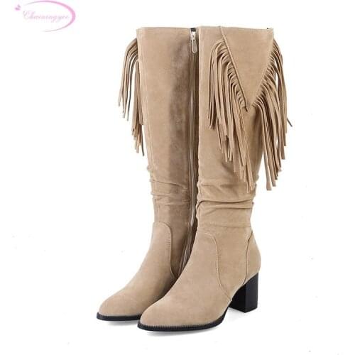 Chainingyee street style round toe nubuck knee high boots fashion tassel zipper beige green black high-heeled women riding boots