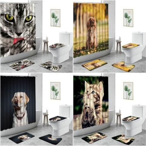 3D Cute Animal Cat Dog Shower Curtain Pet Labrador Bathroom Decoration Set Non-Slip Carpet Toilet Cover Bath Curtains With Hooks