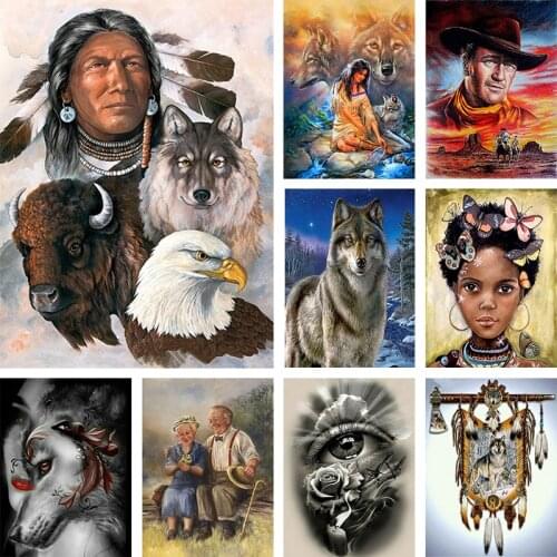 5D DIY Diamond Wolf Painting Indian Woman Diamond Embroidery Full Circle Diamond Animal Mosaic Cross Stitch Home Decoration