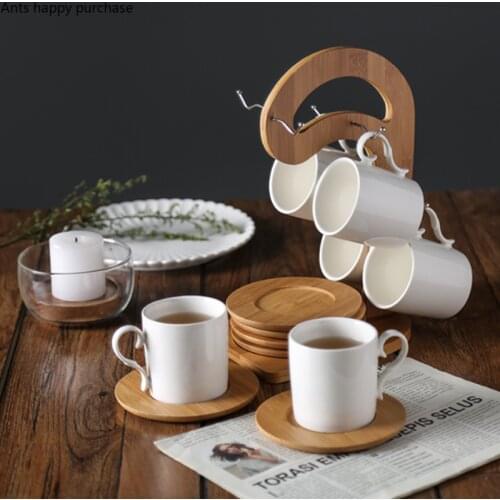 White Ceramics Coffee Cup and Saucer Set with Wooden Rack 100ml/180ml Six Cups Six Discs Home Use Afternoon Tea Six-piece Set
