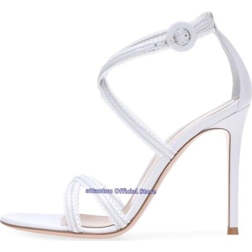 Summer fashion concise white black leather cross narrow band ankle wrap sandals thin high heel shoes Woman heeled dress shoes