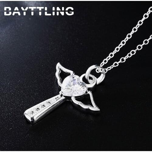 BAYTTLING 925 Sterling Silver 18 Inch Link Chain Purple/White Zircon Cross Pendant Necklace For Women Fashion Wedding Jewelry