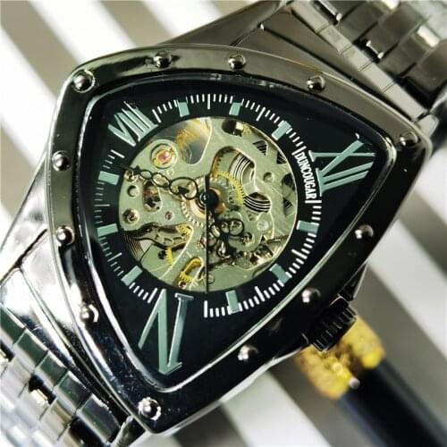 DUNCOUGAR Triangle Skeleton Automatic Mechanical Watch For Men Stainless Steel Waterproof Business Sport Irregular Wristwatch