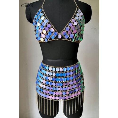 Chran Seascale Chain Bra Bralete Top Disco Skirt Party Dress Beach Cover Up Ibiza Harness Necklace EDM Festival Jewelry CRS221