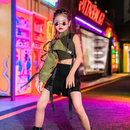 Kids Cool Hip Hop Clothing Single Sleeve Crop Top Causal Shorts for Girls Jazz Ballroom Dance Costumes Children Stage Set XS1613
