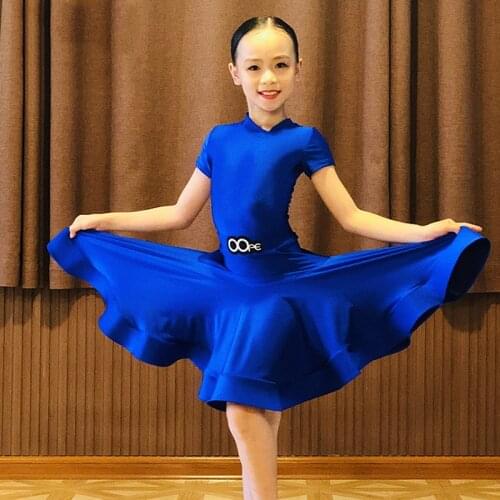 Kids Girls Latin Competition Dress Blue Short Sleeve Child Dancer Stage Performance Costume Ballroom Tap Dance Standard Clothes