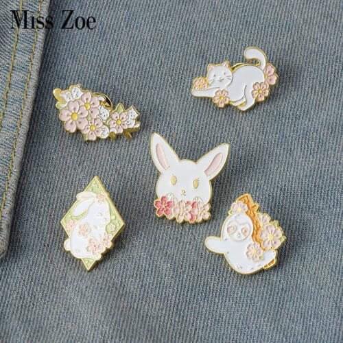 Animals With Flowers Cute Enamel Pins Custom Rabbit Cat Sloth Brooch Lapel Badge Bag Cartoon Jewelry Gift for Kids Friends