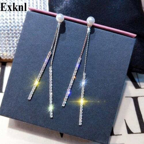 Exknl Long Tassel Crystal Rhinestone Earring Exquisite Pearl Silver Color Dangle Earrings for Women Wedding Bride Jewelry Gifts