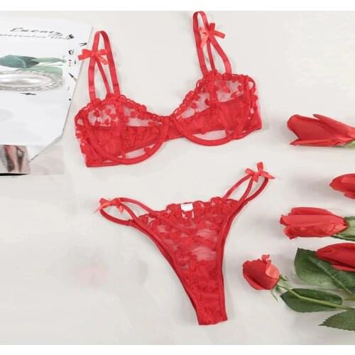New Fashion Sexy Lingerie Set Red Flower Embroidery Lace Underwire Bra Thong Suit Ladies Underwear Set нижнее белье для женщин