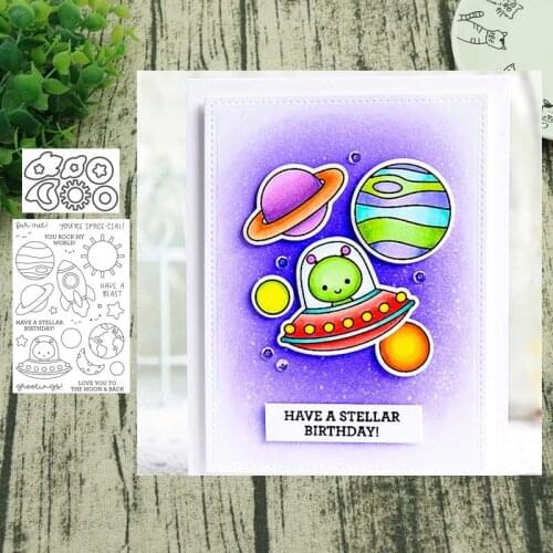 Rockets and aliens Metal Cutting Dies and clear stamps Stencils for DIY Scrapbook Photo Album Paper Card Decorative