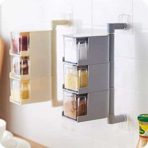 Multi-Tier 360 Degree Rotating Wall Mount Spice Rack Spice Seasoning Box Pepper Cumin Powder Box Jars Organizer Condiment Contai