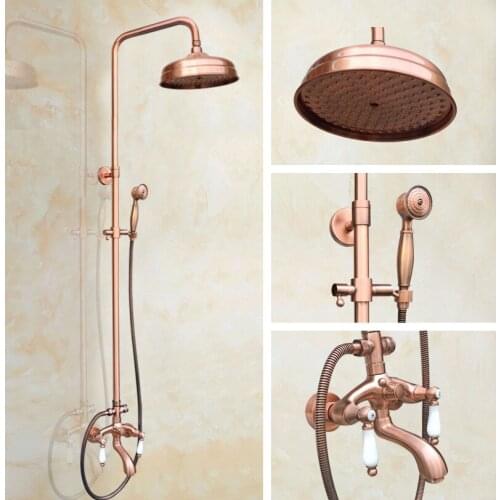 Antique Red Copper Wall Mounted Rain Bathroom Rainfall Shower Faucet Set with Hand Spray Shower Head Tub Mixer Tap 2rg561